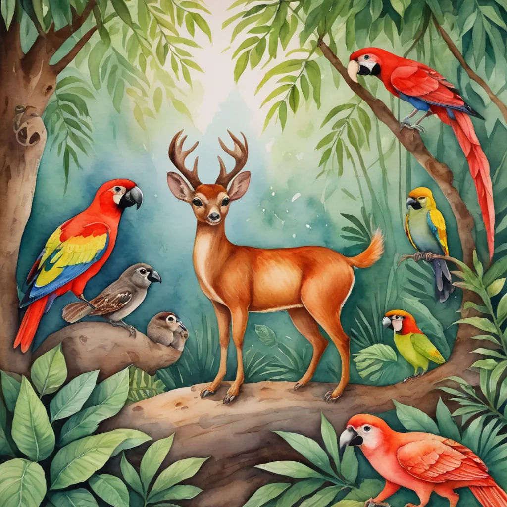 a painting of a deer surrounded by birds and parrots in a forest with trees and leaves on the ground, naive art, a storybook illustration, Chris LaBrooy, storybook illustration