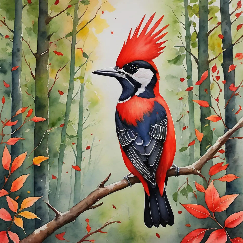 a painting of a bird sitting on a branch in a forest with red leaves and green and yellow trees, figurative art, a watercolor painting, Carol Sutton, in gouache detailed paintings