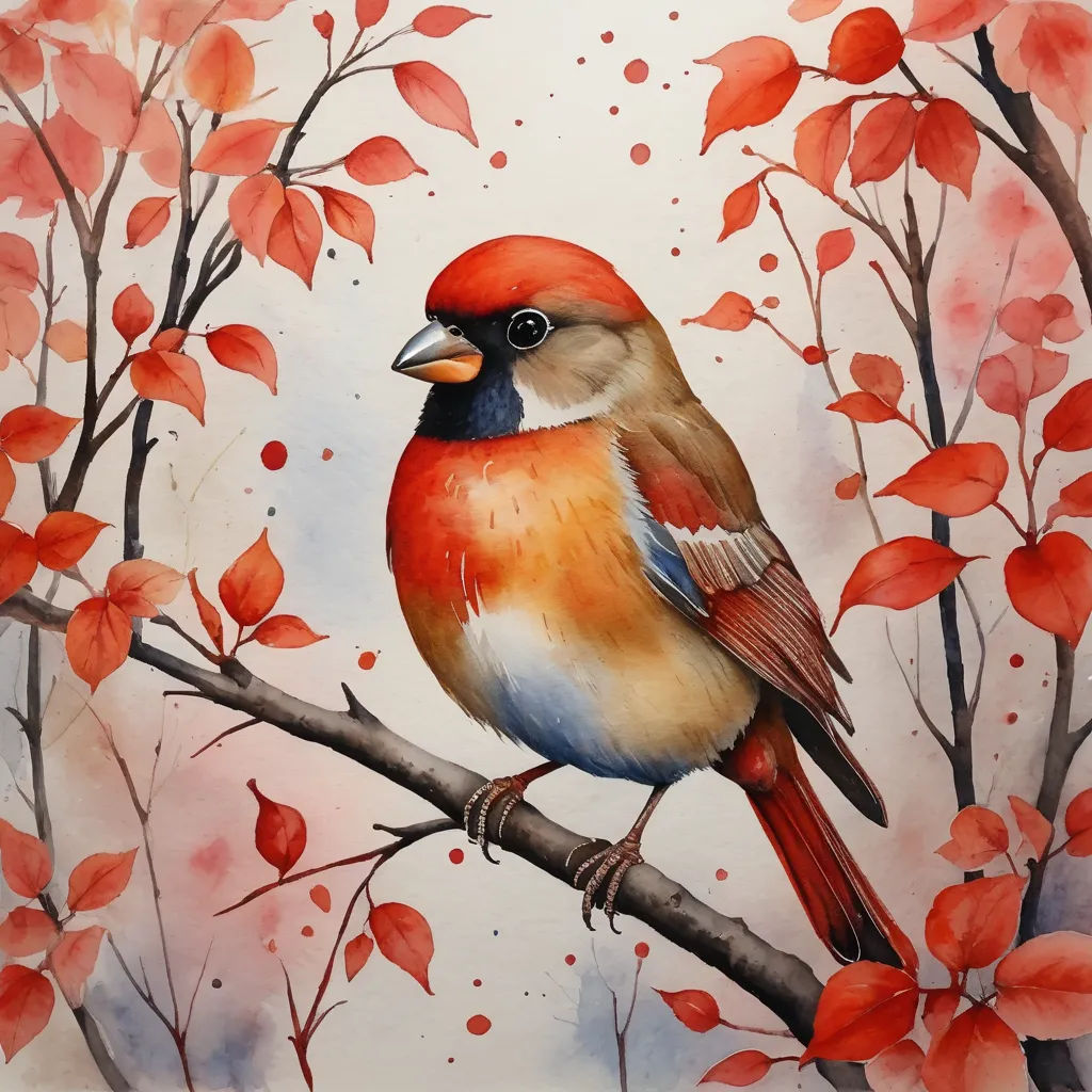 a painting of a bird sitting on a branch with red leaves on it's branches and a white background, american scene painting, a watercolor painting, Carol Sutton, in gouache detailed paintings
