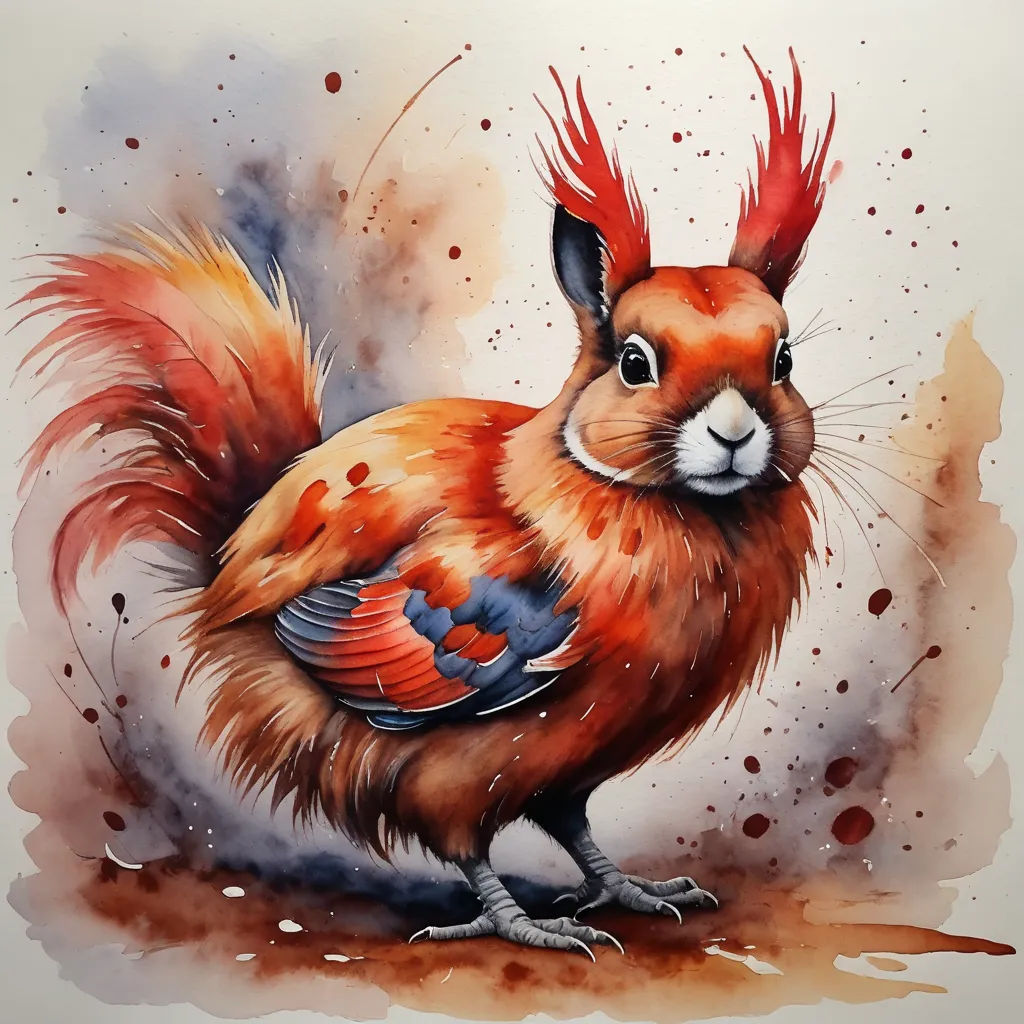 a painting of a red and orange bird with red feathers and a blue tail, standing on a brown ground, modern european ink painting, an airbrush painting, Aileen Eagleton, in gouache detailed paintings