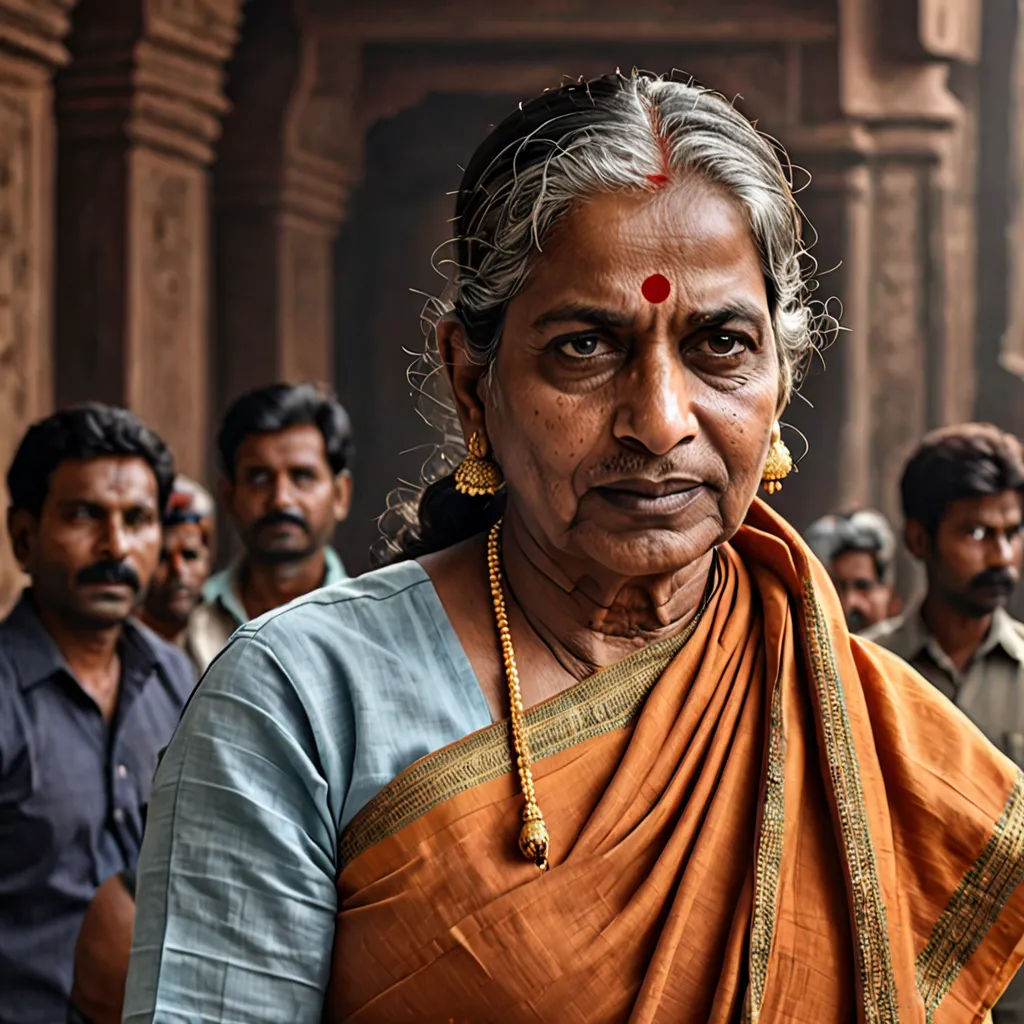 a woman in a sari standing in front of a group of men in india, with a woman in the background, samikshavad, a character portrait, Ella Guru, cinematic photography
