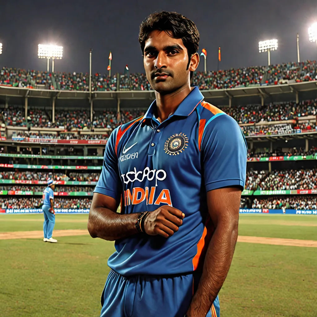 a man standing on a baseball field in a blue uniform with his arms crossed and a crowd of people in the stands, samikshavad, a bronze sculpture, Bholekar Srihari, jayison devadas