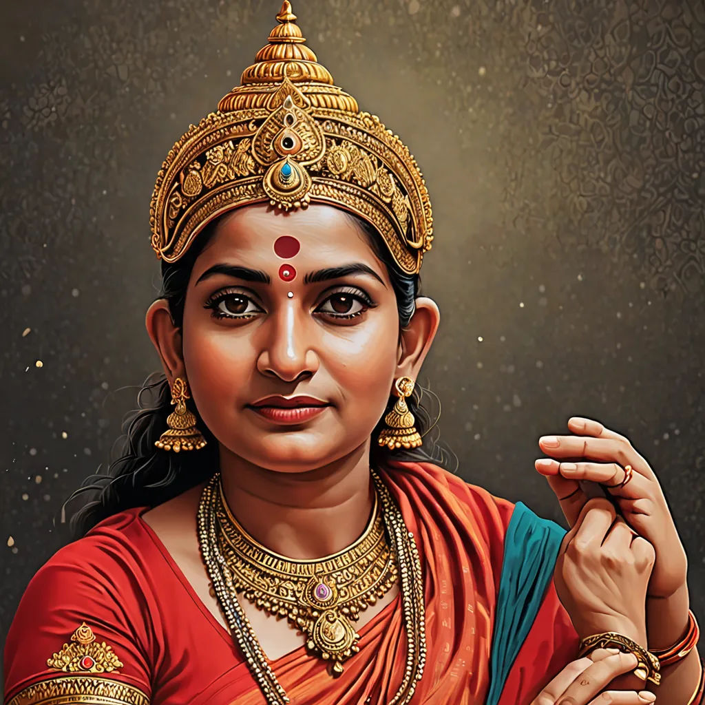 a painting of a woman in a red sari with a gold head piece and a necklace on her neck, figurative art, a detailed painting, Ella Guru, highly detailed digital painting