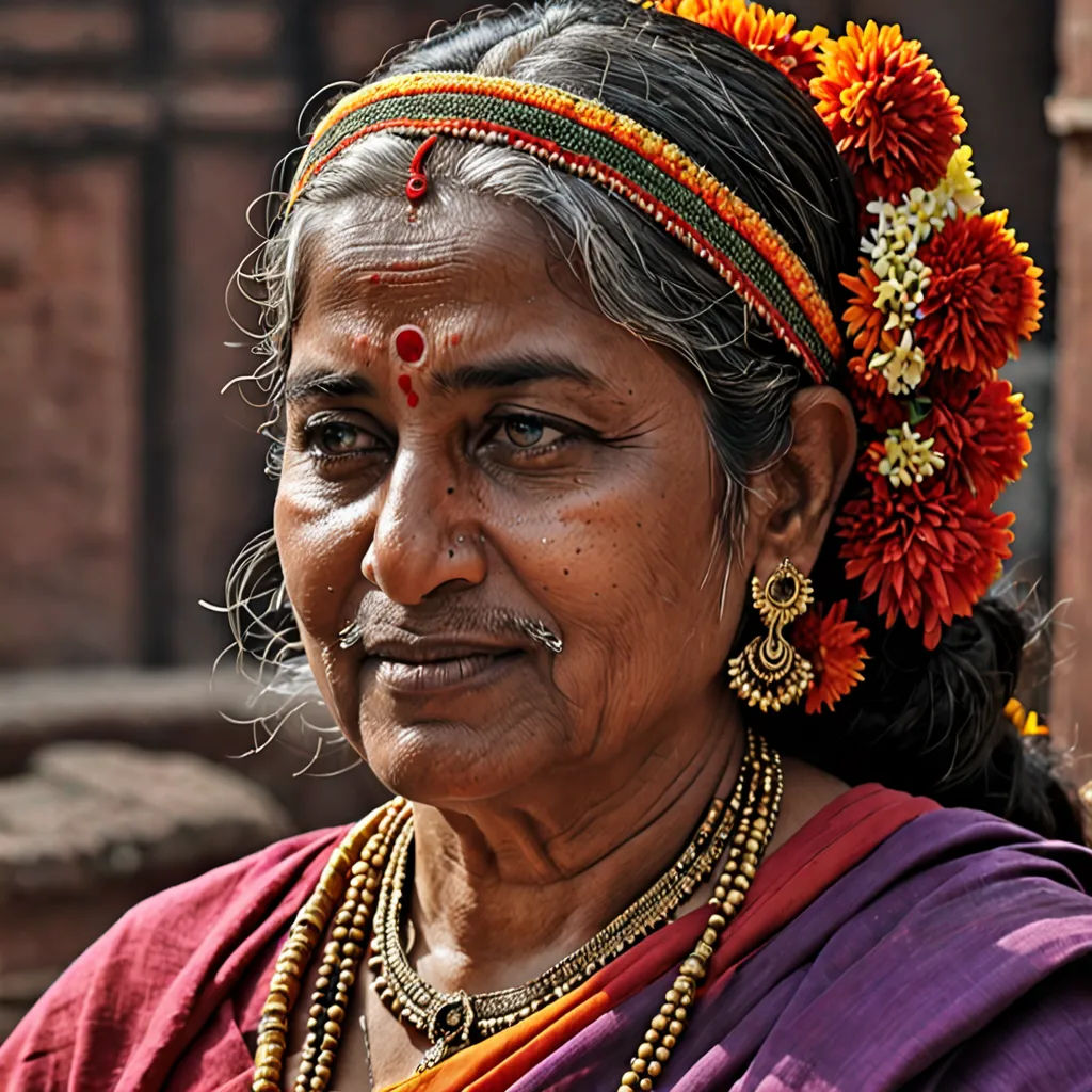 a woman with a flower in her hair and a necklace on her neck and a brick wall behind her, samikshavad, a character portrait, Ella Guru, portrait photography