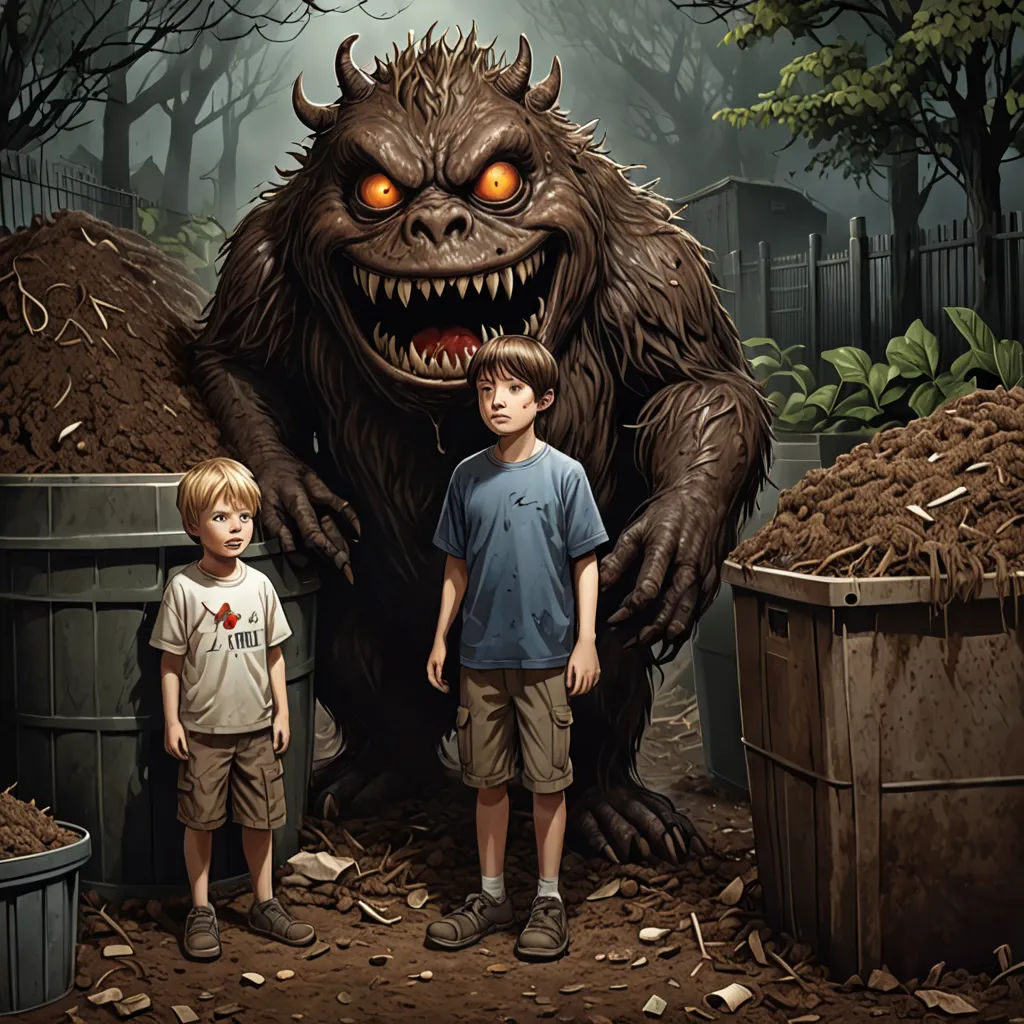 a boy and a boy standing in front of a giant monster with a huge mouth and teeth on it, ashcan school, a storybook illustration, Craig Davison, storybook illustration
