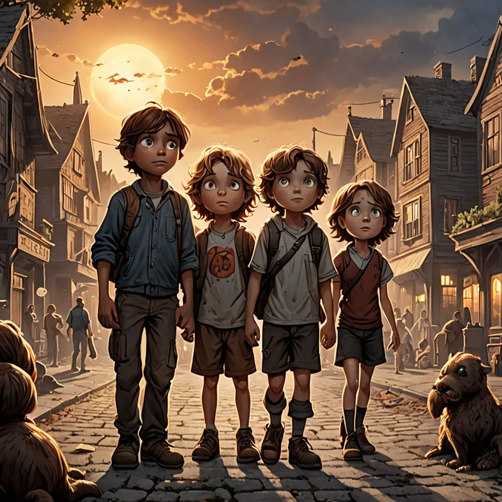 a group of children standing on a street next to a bear and a dog in front of a full moon, magical realism, a storybook illustration, Brothers Hildebrandt, key art