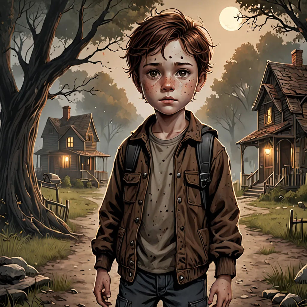 a boy standing in front of a house with a creepy face on his face and a creepy expression on his face, american realism, a character portrait, Aaron Jasinski, highly detailed digital painting