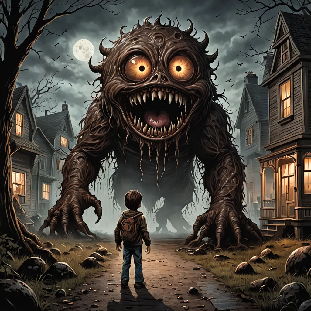 a boy is standing in front of a creepy monster with glowing eyes and a creepy face on his face, sots art, a storybook illustration, Chris Rahn, nightmare
