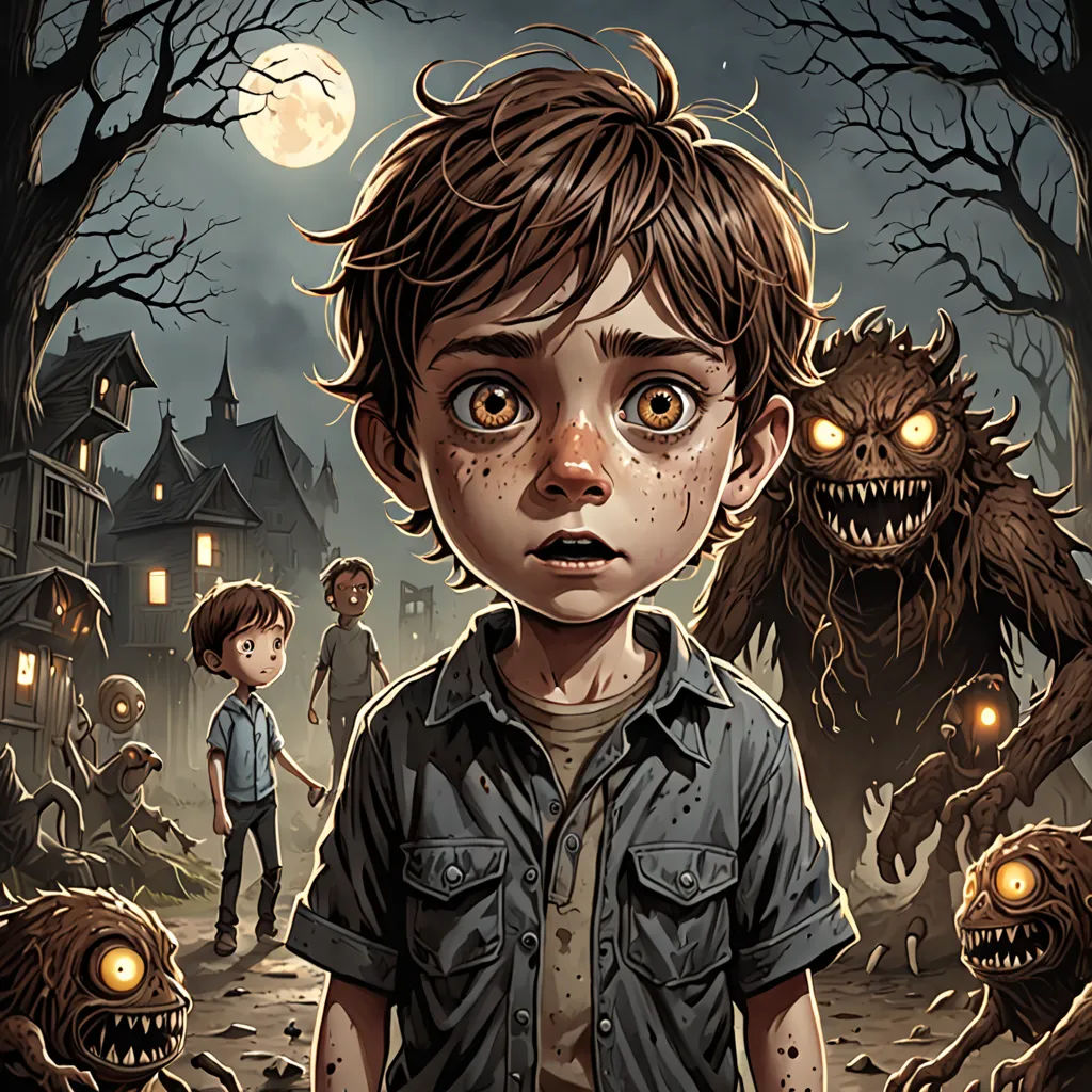 a boy standing in front of a creepy house with a creepy face and two creepy heads on his face, sots art, a storybook illustration, Aaron Jasinski, comic cover art