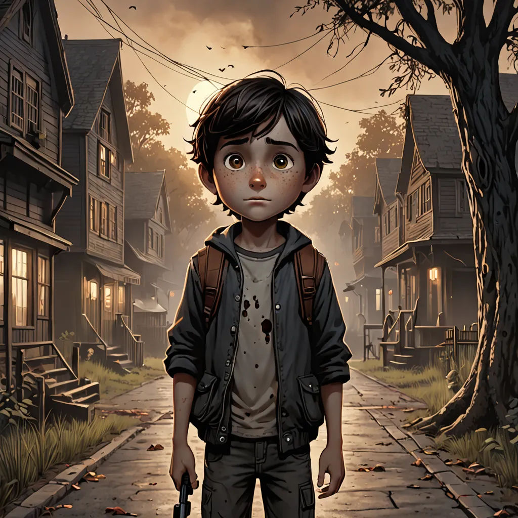 a boy with a gun standing on a street in front of a house with a tree and a creepy looking face, serial art, a character portrait, Aaron Jasinski, graphic novel