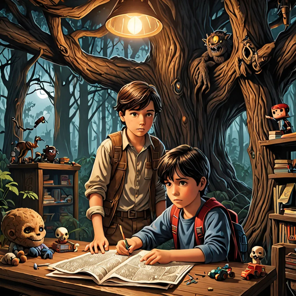 a boy and a boy are sitting at a table in a forest with a book and a lamp above them, fantasy art, a storybook illustration, Diego Gisbert Llorens, official art
