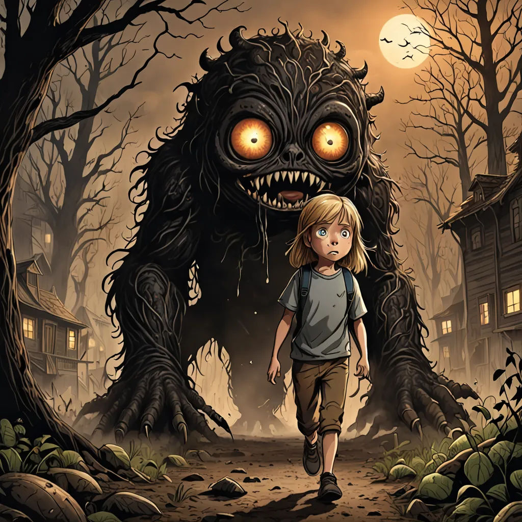 a young girl walking towards a creepy monster in a forest with a house in the background and a full moon in the sky, sots art, a storybook illustration, Cliff Childs, official art