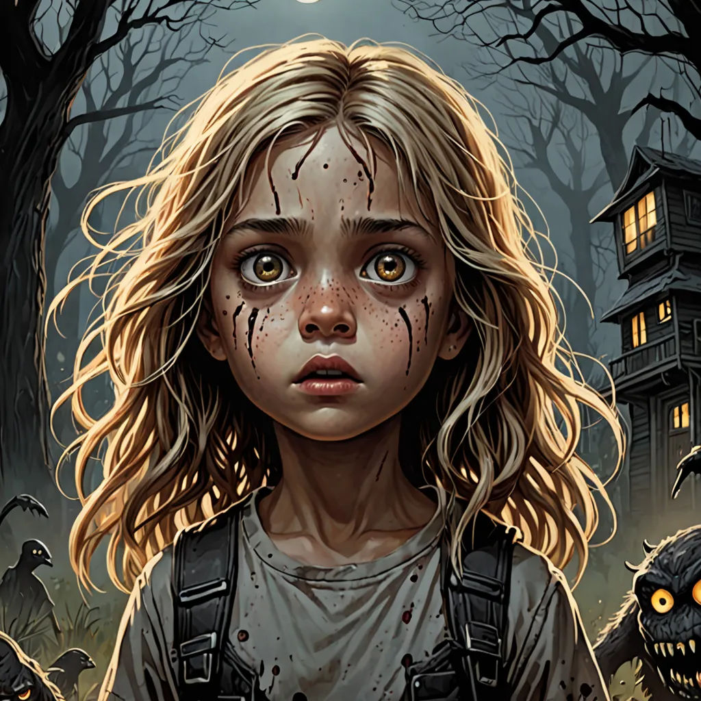 a girl with a creepy face and a creepy house in the background with a creepy face and a creepy face, gothic art, a detailed painting, Dan Mumford, highly detailed digital painting