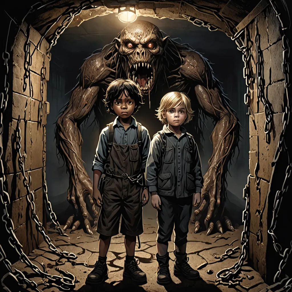 two children standing in a tunnel with a giant monster head in the background and a creepy looking monster in the middle, sots art, a storybook illustration, Dan Mumford, comic cover art