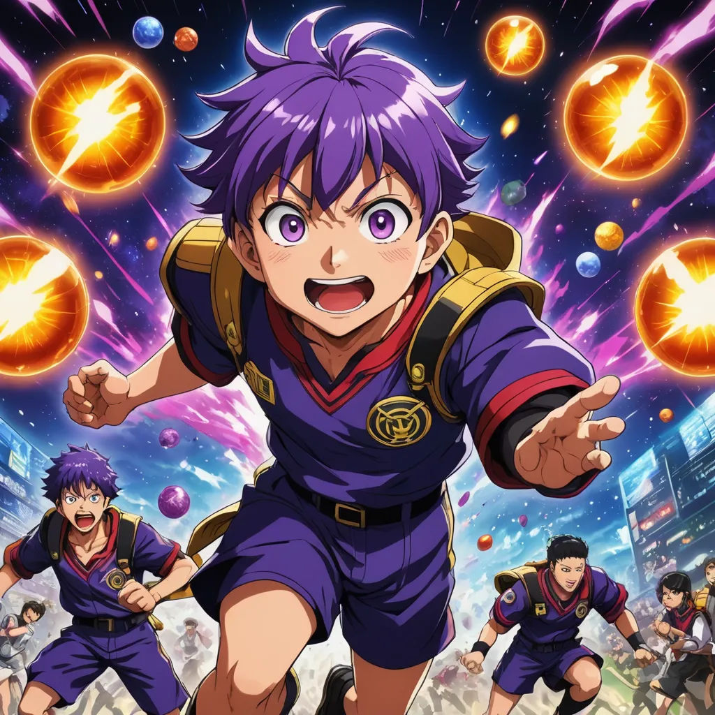 a man in a purple outfit running through a city with other people in the background and a sky full of orange balls, rayonism, poster art, Baiōken Eishun, anime key visual