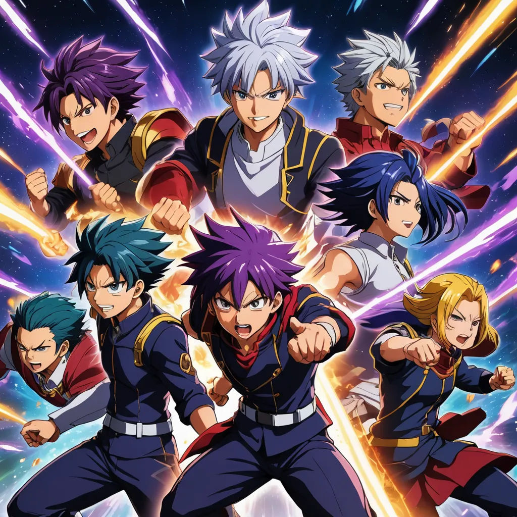 the anime characters are all in a group together with their arms in the air and their fists out in the air, rayonism, poster art, Baiōken Eishun, official art
