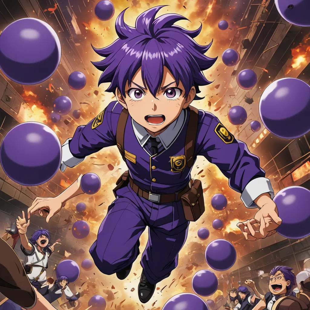 a man in a purple uniform is flying through the air with balloons in front of him and a bunch of other men in the background, rayonism, poster art, Eizan Kikukawa, official art