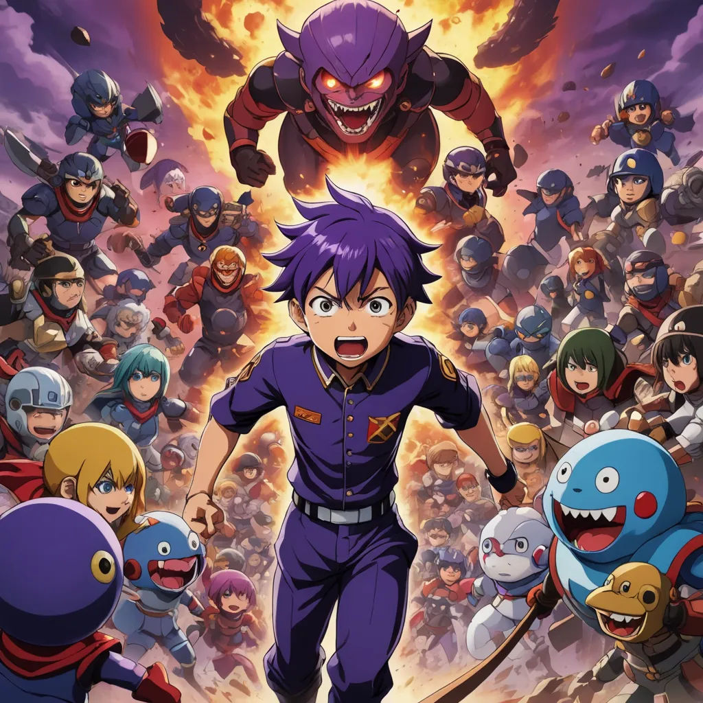 a cartoon character with purple hair and purple eyes, surrounded by other characters, in front of a purple background, rayonism, poster art, Baiōken Eishun, promotional image
