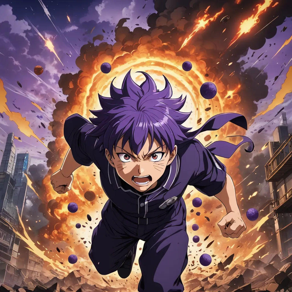 a man in a purple suit running through a city with a huge explosion behind him and a sky filled with clouds, rayonism, poster art, Baiōken Eishun, anime key visual
