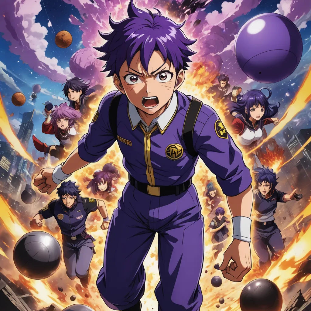 a man in a purple uniform is surrounded by other people and a ball of fire in the background of the poster, shock art, poster art, Baiōken Eishun, official art