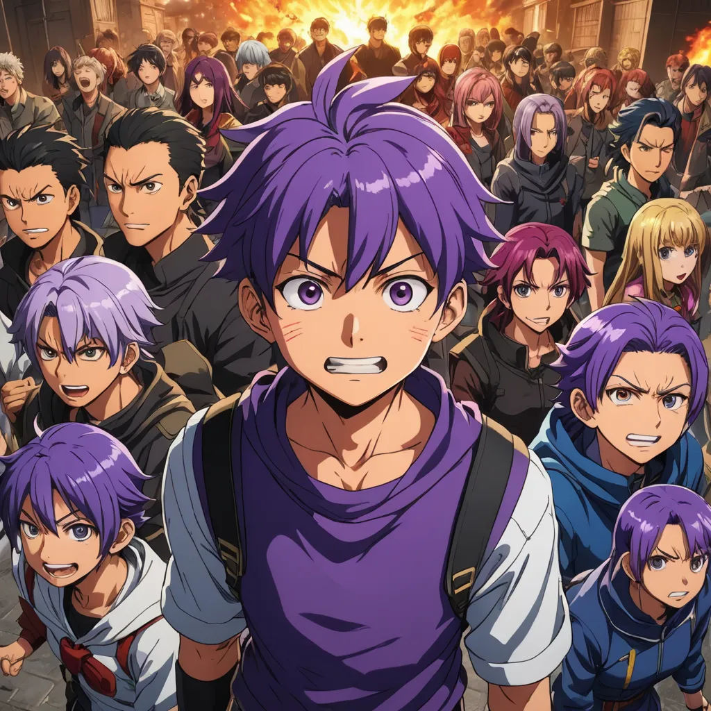 a group of anime characters standing in front of a crowd of people with purple hair and purple eyes and purple hair, rayonism, a poster, Baiōken Eishun, official art