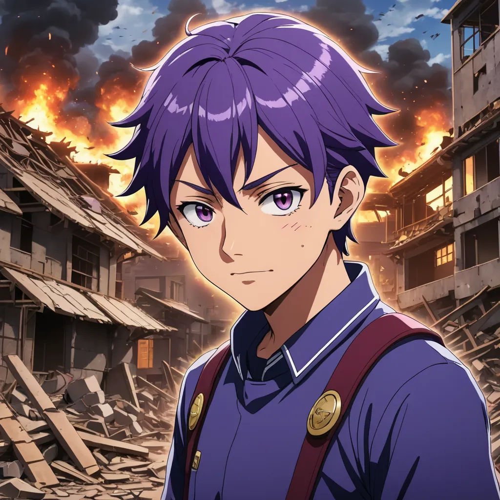 a man with purple hair and a purple shirt in front of a fire filled city with buildings and debris, auto-destructive art, a character portrait, Aguri Uchida, anime key visual