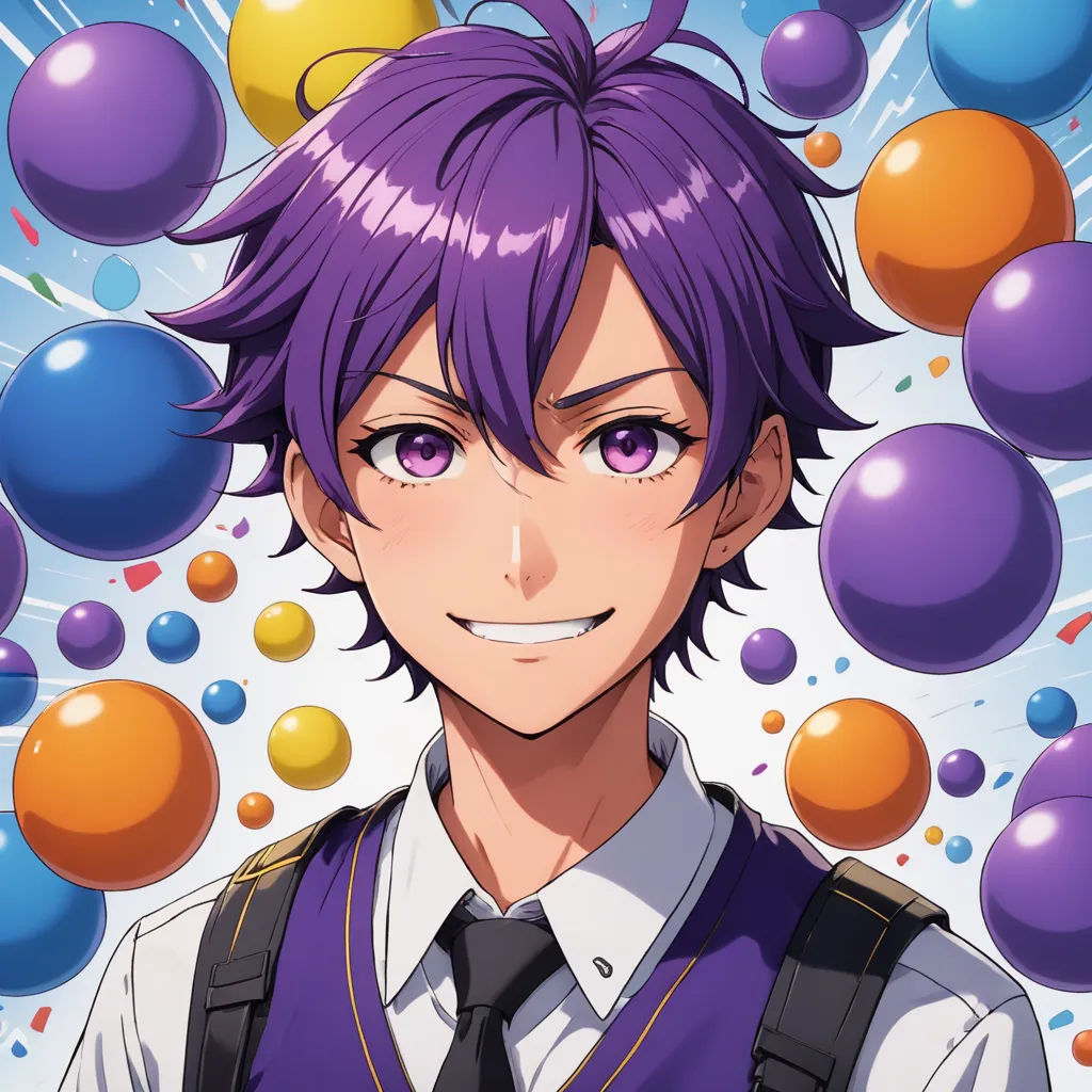 a man with purple hair and a tie in front of balloons and bubbles in the air with a smile on his face, toyism, a character portrait, Adam Manyoki, official art
