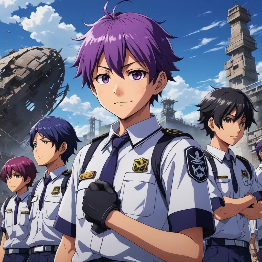 a group of people in uniform standing in front of a building with a sky background and clouds in the background, antipodeans, poster art, Eizan Kikukawa, anime key visual