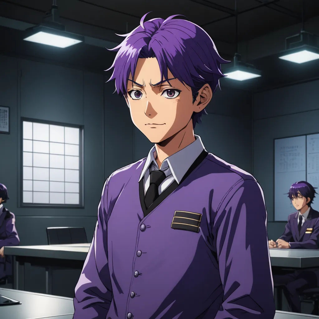 a man in a purple suit standing in a room with other people in the background and a desk with a laptop on it, sots art, a character portrait, Eizan Kikukawa, official art