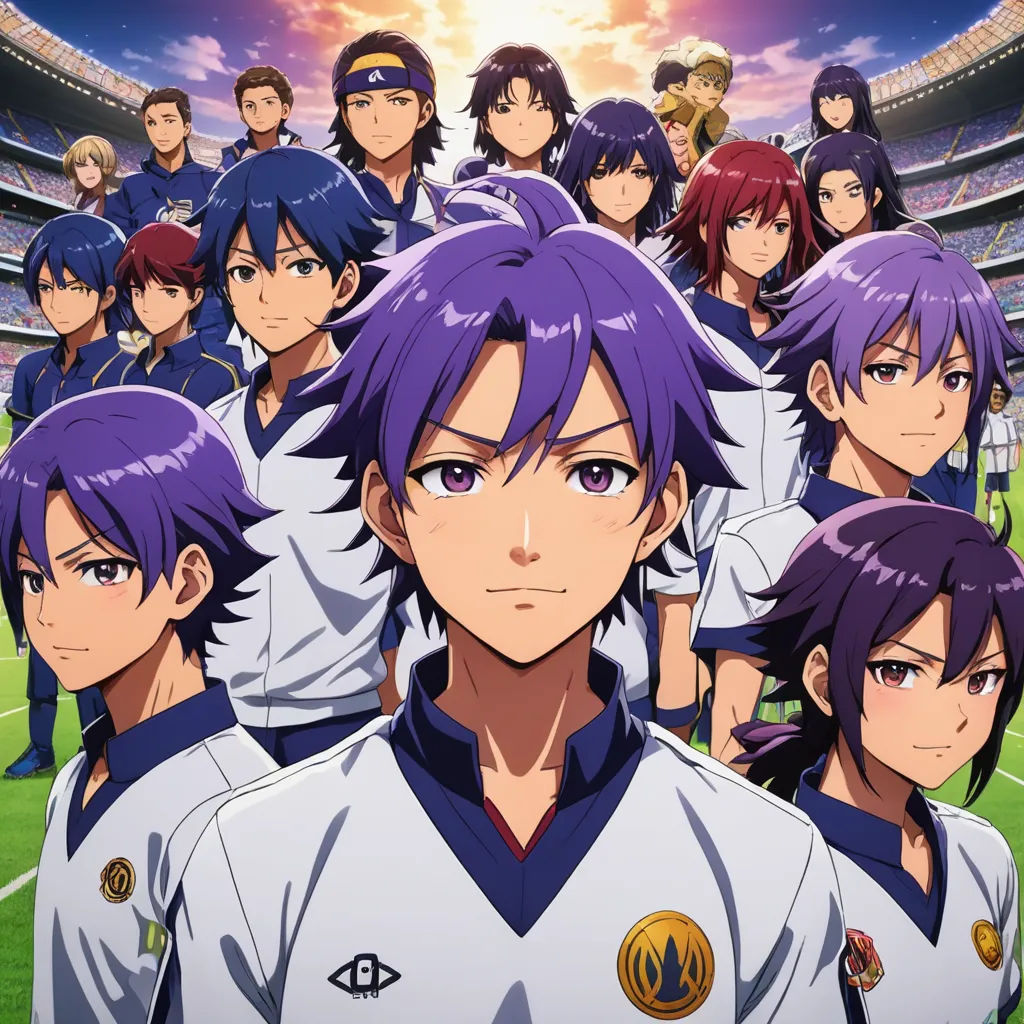 a group of anime characters standing in front of a stadium with a sky background and a soccer field in the background, rayonism, a poster, Baiōken Eishun, official art