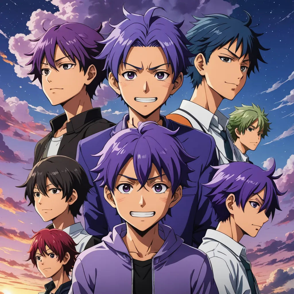 a group of anime characters with purple hair and blue eyes, standing in front of a sunset sky with clouds, rayonism, a poster, Baiōken Eishun, anime key visual