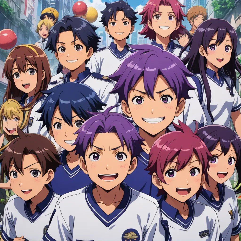 a group of anime characters posing for a picture together in front of a cityscape with balloons and balloons, rayonism, a poster, Baiōken Eishun, official art