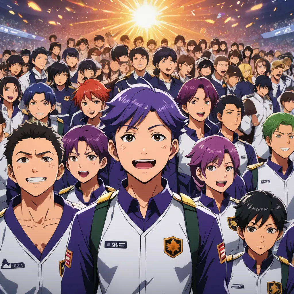 a group of people standing in front of a crowd of people in uniform with a bright light in the background, sots art, a poster, Baiōken Eishun, official art
