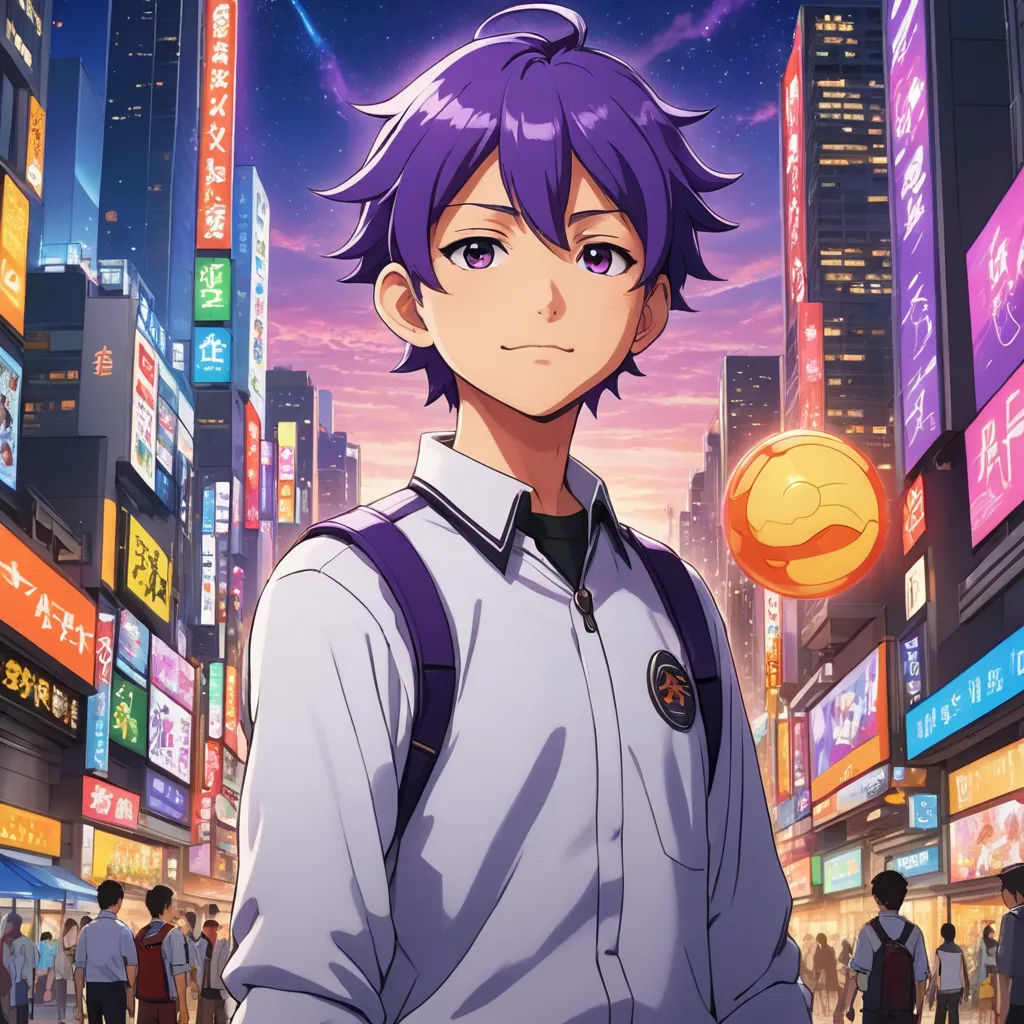 a man with purple hair standing in a city at night with neon lights and buildings in the background,, rayonism, a character portrait, Aguri Uchida, anime key visual