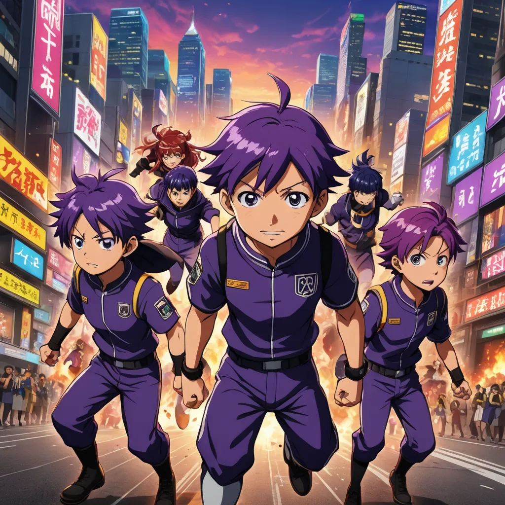a group of anime characters in a city street with buildings in the background and a neon sky in the background, rayonism, a poster, Baiōken Eishun, anime key visual
