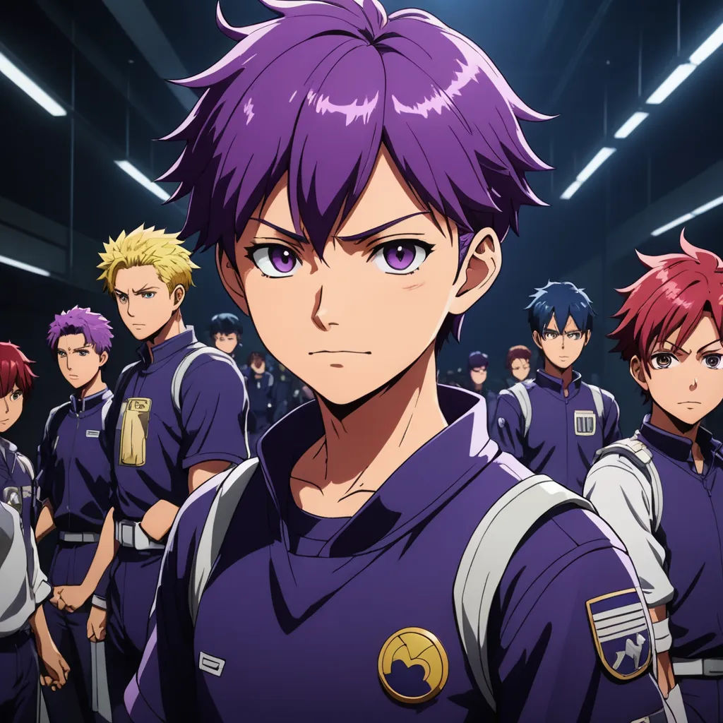 a group of anime characters standing in a room with purple hair and blue eyes, all looking at the camera, rayonism, poster art, Baiōken Eishun, anime key visual