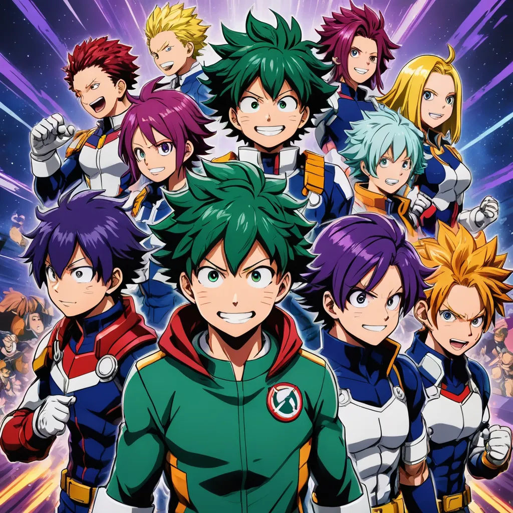 a group of anime characters standing together in front of a purple background with stars and lights behind them, all wearing green and red, rayonism, a poster, Baiōken Eishun, official art
