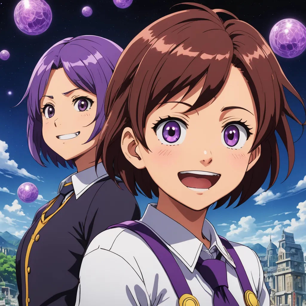 a couple of anime characters standing next to each other in front of a sky with bubbles and stars above them, rayonism, poster art, Aya Goda, anime key visual