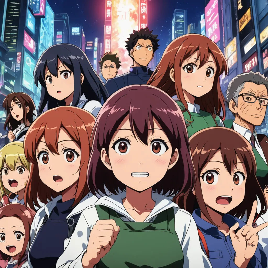 a group of people standing in front of a city at night with a light shining on them and a person pointing, rayonism, poster art, Aya Goda, official art