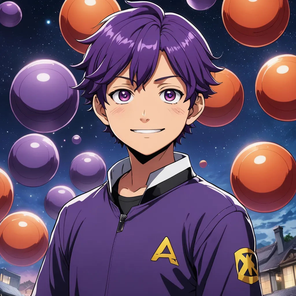a man with purple hair and purple eyes standing in front of a bunch of bubbles in the air with a building in the background, space art, a character portrait, Adam Manyoki, anime key visual