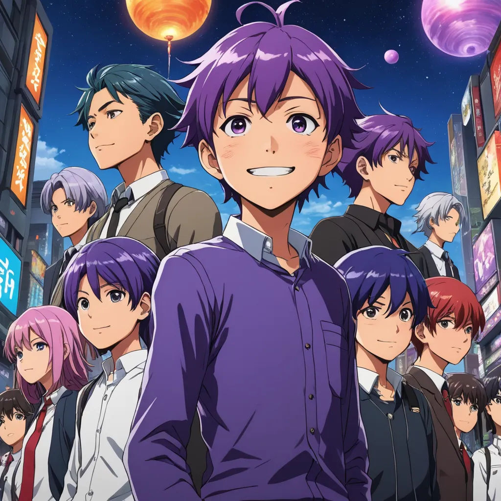 a group of people standing in front of a city at night with a sky background and a planet in the background, rayonism, a poster, Baiōken Eishun, anime key visual
