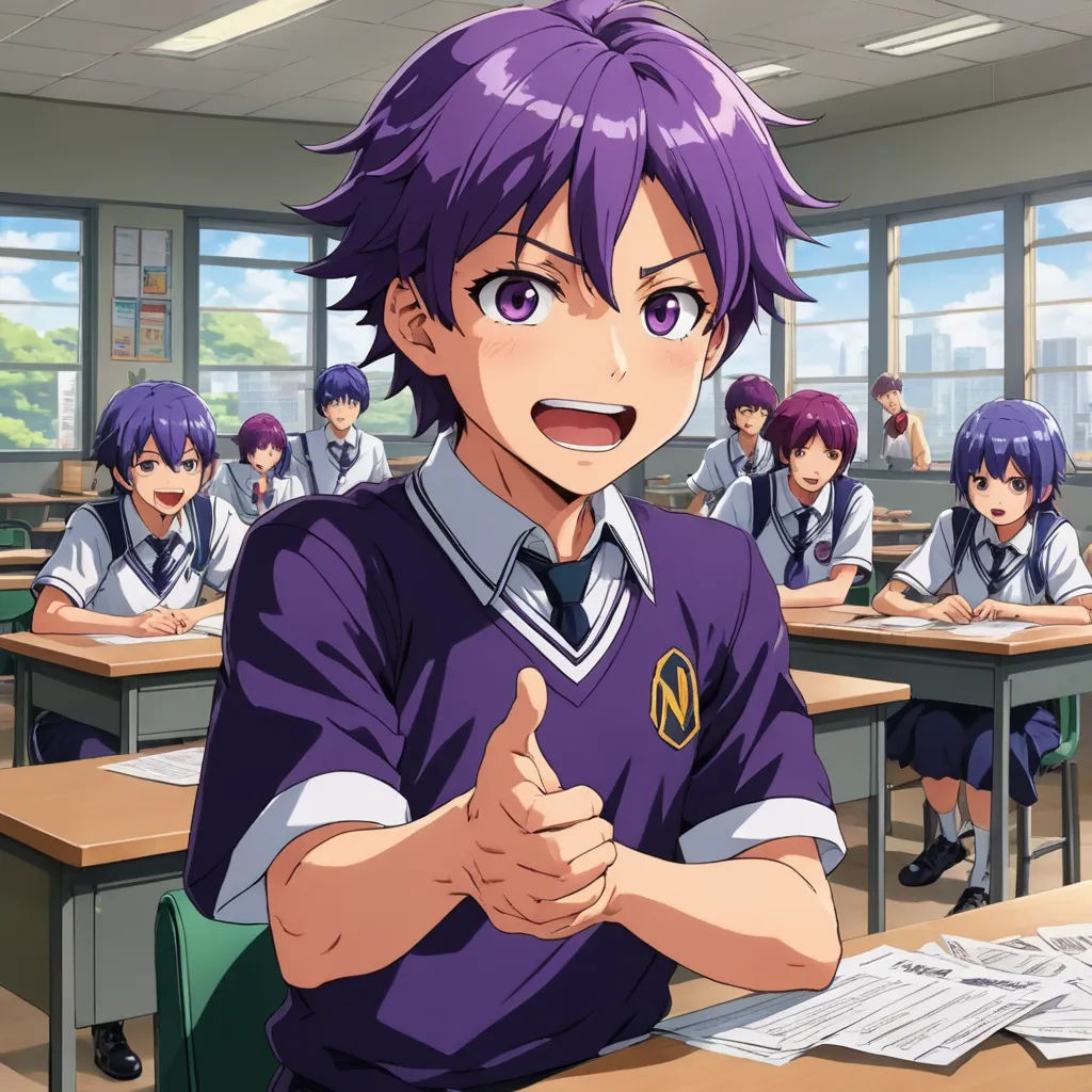 a classroom full of students with purple hair and purple uniforms, giving a thumbs up sign to the camera, rayonism, a stock photo, Baiōken Eishun, official art