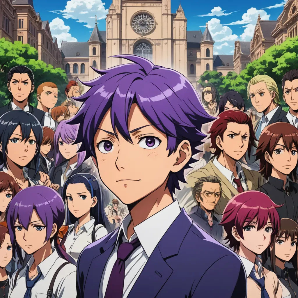 a group of people standing in front of a building with a clock tower in the background and a man in a suit and tie, rayonism, a poster, Eizan Kikukawa, official art