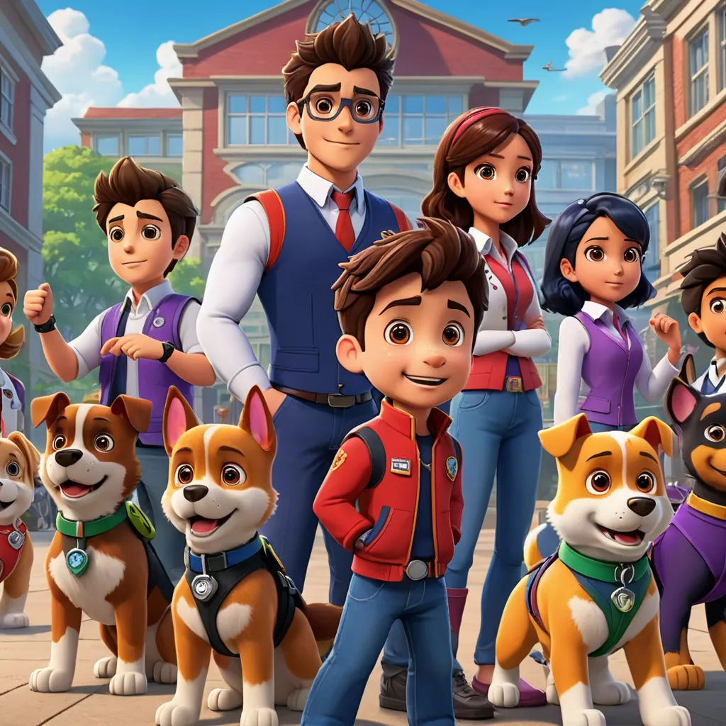 a group of people and dogs standing in front of a building with a man in a vest and tie, furry art, a poster, Charles Fremont Conner, promotional image