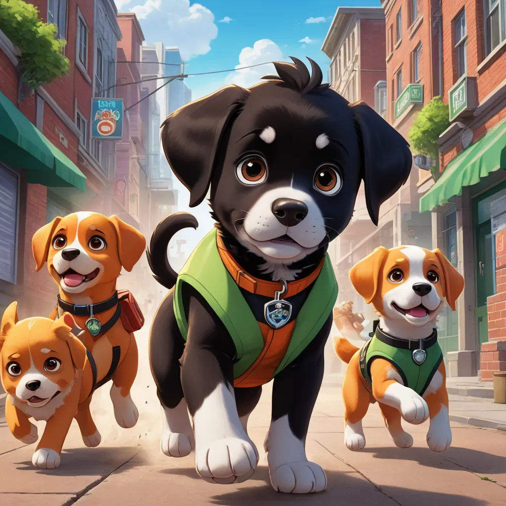 a group of dogs that are standing in the street together with a dog tag on their collars and collars, furry art, concept art, Don Bluth, official art