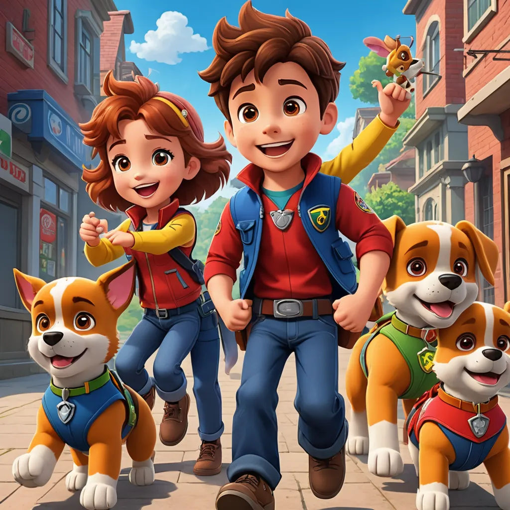 a boy and a girl are walking with their dogs in the street in front of a building and a dog is on the ground, furry art, a poster, Charles Fremont Conner, promotional image