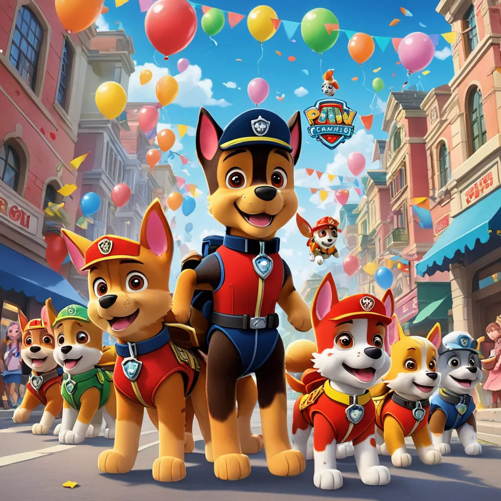 a group of dogs in a cartoon character with balloons in the background and a city street with buildings and buildings, furry art, a poster, disney, promotional image