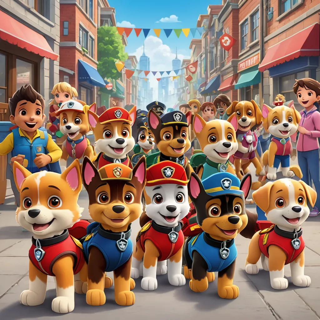 a group of dogs standing on a street next to each other in front of a crowd of people wearing costumes, furry art, a poster, disney, promotional image