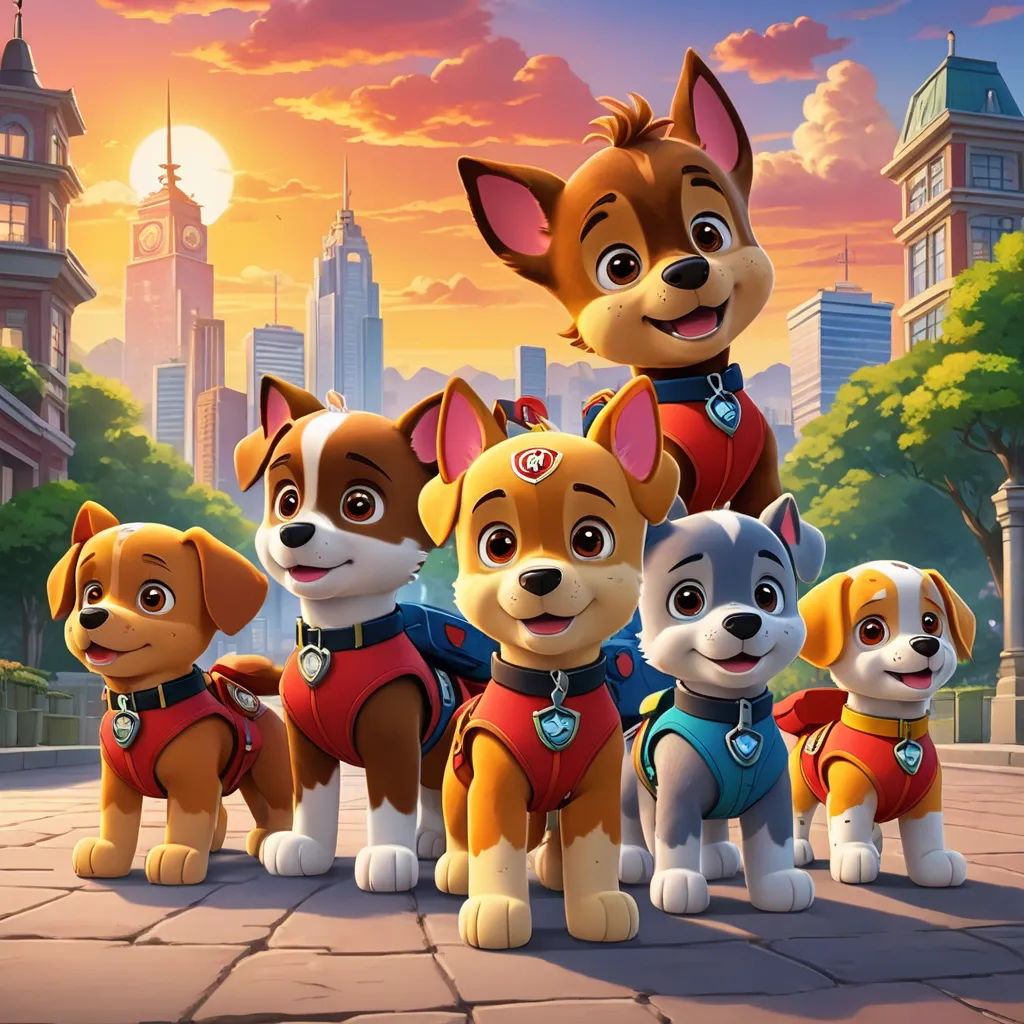 a group of dogs standing next to each other on a street in front of a city skyline with buildings, sots art, poster art, disney, promotional image