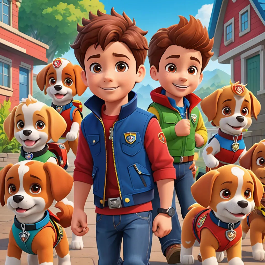 a boy and his dogs are walking in front of a house in the animated version of paw patrol, which features a puppy and a boy in a red jacket, sots art, poster art, Charles Fremont Conner, promotional image